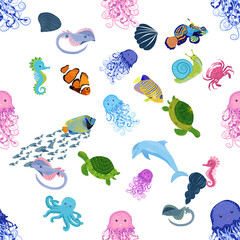 Marine life, fish, animals bright seamless pattern. sea travel, underwater diving animal tropical fish. Jellyfish, whale, shark, seahorse, clown fish, dolphin, turtle, emperor