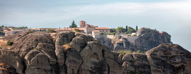 Meteora Greece Holy Trinity Agia Trias Monastery building on top of rock. Europe travel destination
