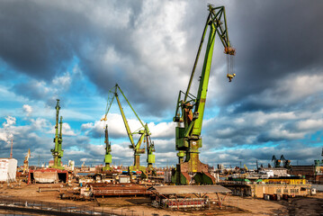 Huge port cranes in industrial marine zone