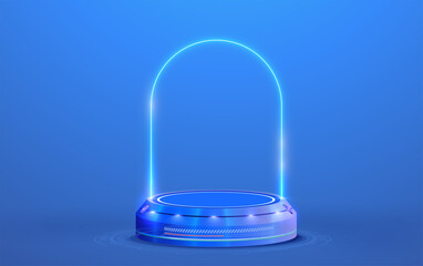 Circle portals, teleport, hologram gadget. Blank display, stage or magic portal, podium for show product in futuristic cyberpunk or hud style. Showcase with copy space. Blue circle neon lighting.