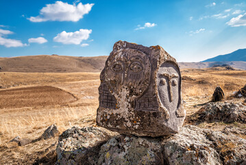 Megalithic standing stone of Zorats Karer or Carahunge - prehistoric monument in Armenia - obrazy, fototapety, plakaty
