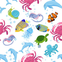 Naklejka na ściany i meble Sea inhabitants seamless pattern, beautiful character among seashells, seaweed, starfish, sea animals wildlife