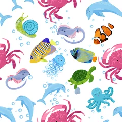 Fensteraufkleber Unter dem Meer Sea inhabitants seamless pattern, beautiful character among seashells, seaweed, starfish, sea animals wildlife