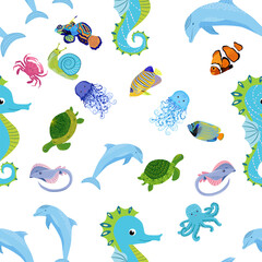 Obraz premium Sea inhabitants seamless pattern, beautiful character among seashells, seaweed, starfish, sea animals wildlife