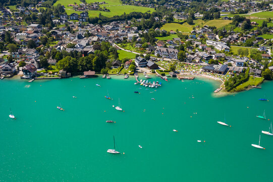 Aerial of Saint Gilgen (Sankt Gilgen) on Wolfgangsee lake, Austria