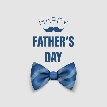 Vector Fathers Day Banner. Text with 3d Realistic Silk Blue Striped Bow Tie. Glossy Bowtie, Tie Gentleman. Fathers Day Holiday Concept. Design Template for Greeting Card, Invitation, Poster, Print