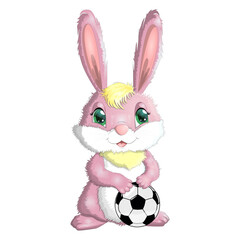 Cartoon rabbit, hare with a football ball. Cute childish character, symbol of 2023 new chinese year