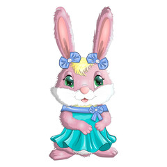 Cartoon rabbit, hare girl in dress, princess. Cute childish character, Easter, spring, symbol of 2023 Chinese New