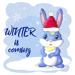 Cute cartoon rabbit in a Santa hat on a background of snow. Winter 2023, Christmas and New Year