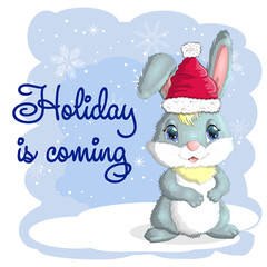 Cute cartoon rabbit in a Santa hat on a background of snow. Winter 2023, Christmas and New Year