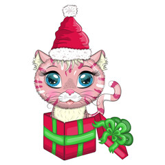 Cute cartoon cat in a santa hat in a gift box, New Year's gift concept. Winter 2023, Christmas and Chinese New