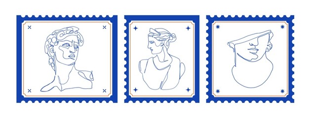 Stamps greek ancient gods. Postage frame stickers greece mythology one line arts, vintage statue sketches. Vector set