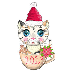 Cute cartoon cat in a Santa hat in a cup with cookies and an inscription. Winter 2023, Christmas and Chinese New