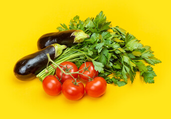 Ripe tomatoes, parsley and eggplant on a yellow background
