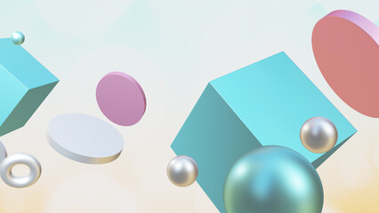 Abstract background floating geometric shapes in shiny colored background shapes 3d with copy space on  background ,3d rendered illustration
