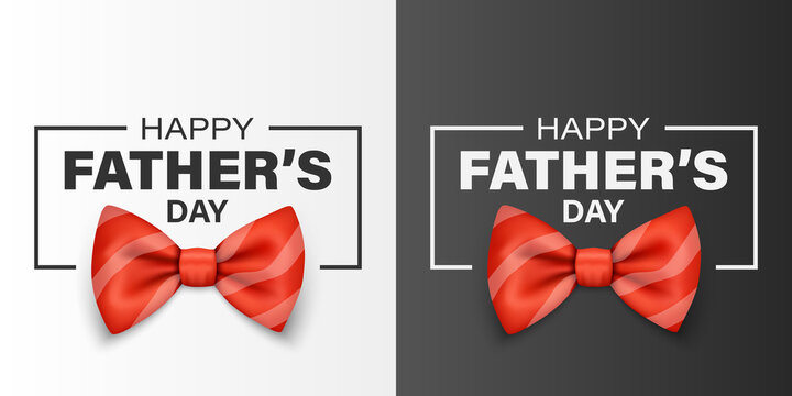 Vector Fathers Day Banner. Text with 3d Realistic Silk Red Polka Dot Bow Tie. Glossy Bowtie, Tie Gentleman. Fathers Day Holiday Concept. Design Template for Greeting Card, Invitation, Poster, Print