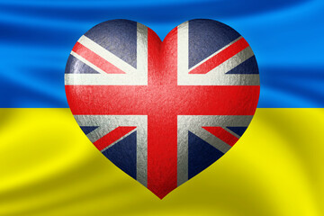 Flags of Ukraine and Great Britain. Heart color of the flag on the background of the flag of Ukraine. The concept of protection. Military and humanitarian assistance.