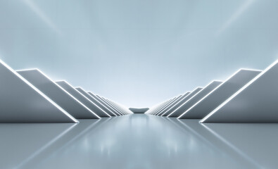 Elegant white futuristic light and reflection triangle wall background. 3D rendering.