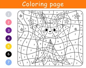 Color by number game for kids. Rabbit in costume vampire. Halloween bunny.Printable worksheet. Coloring page.