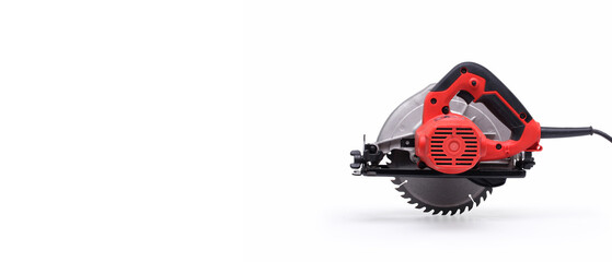 side view of floating red circular saw isolated white background