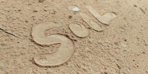 Fototapeta na wymiar Soil word written on smooth dry earth ground surface dust background. Soil text calligraphy, typography and lettering concept. Close up macro side view.