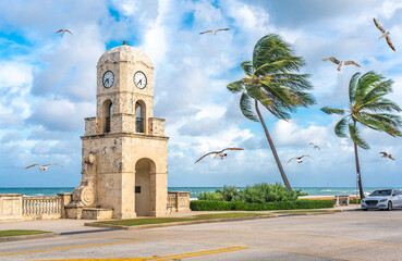 Palm Beach Worth Avenue clock tower Florida USA with seagulls