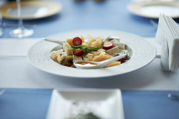 Sliced cheeses with honey. Snack. Cheese in a white plate in a restaurant  