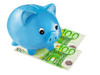 Blaues Sparschwein und 200 Euro auf weissem Hintergrund - obrazy, fototapety, plakaty
