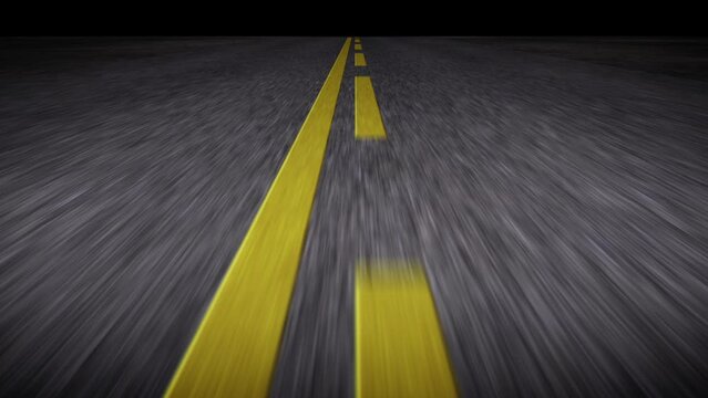 Fast driving on the night road - moving from side to side - computer generated loopable animation. Continuous and broken yellow lines in the center of the road. Seamless looping animation.