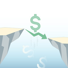 Dollar sign and decreasing arrow between the cliffs has a chance of falling into the abyss. Investment risk concept. Vector illustration outline flat design style.