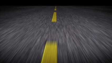 Fast driving on the night road - moving from side to side - computer generated loopable animation. Broken yellow lines in the center of the road. Seamless looping animation.