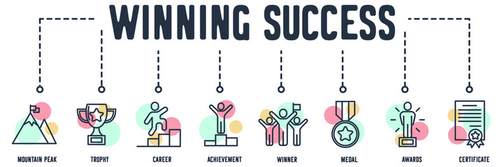 Winning Success web icon. mountain peak, trophy, career, achievement, winner, medal, awards, certificate vector illustration concept.