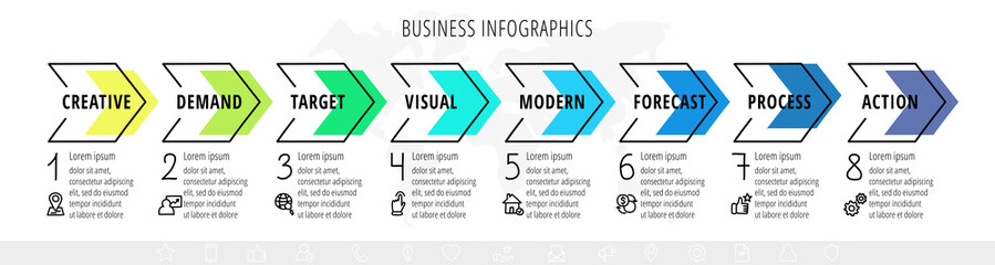 Business modern creative design. Linear infographic timeline. Template process with 8 steps, arrows, and options. Vector illustration.