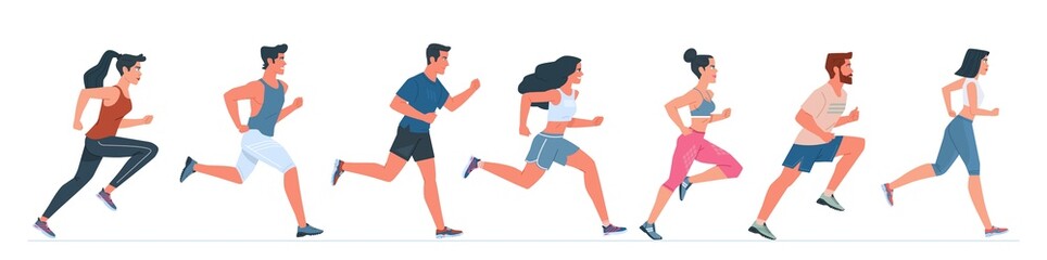 Fototapeta na wymiar Set of running people. Young girls and boys in sportswear. Active lifestyle. Flat cartoon vector illustration on isolated white background