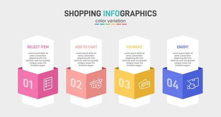 Concept of shopping process with 4 successive steps. Four colorful graphic elements. Timeline design for brochure, presentation, web site. Infographic design layout.