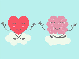 Funny heart and smiling brain meditation. Balance of mind and feelings concept. Flat vector illustration - obrazy, fototapety, plakaty