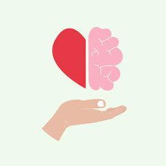 Hand holds heart and brain. Balance of mind and feelings concept. Flat vector illustration