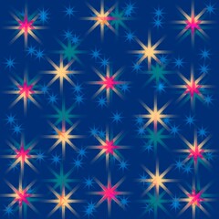 Original festive background with stars or crystals. Background of shining stars, lanterns. Fireworks.