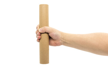 A hand holds a long tube of kraft paper isolated on a white background