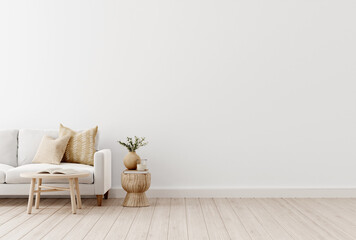 Empty wall mockup with sofa and beige pillows on empty white living room interior background. 3D rendering, illustration.