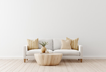 Fototapeta na wymiar Interior wall mockup with sofa and beige pillows on empty white living room background. 3D rendering, illustration.