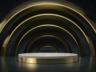 Pedestal gold for product showcase in granite room.3d rendering.