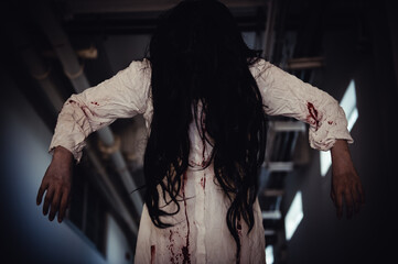 Portrait of asian woman make up ghost,Scary horror scene for background,Halloween festival...