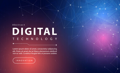 Digital technology banner pink blue background concept with technology line light effect, abstract tech, innovation future data, orange sky color, big data, lines dots connection, illustration vector