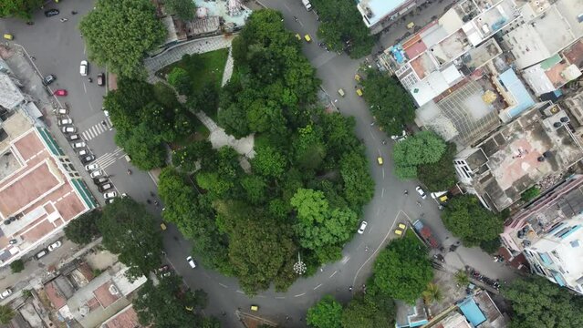 Bangalore, India 14th March 2022:  An aerial shot of Sajjan Rao Circle, VV Puram, Bangalore. Visveswarapura. The capital city of Karnataka drone view. The megacity of India. Cosmopolitan city.