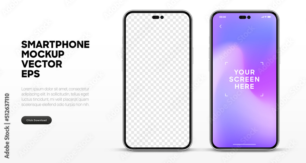 Poster Realistic smartphone mockup isolated with transparent screens. Smart phone mockup collection. Device front view. 3D mobile phone with shadow on white background. Realistic, flat and line style