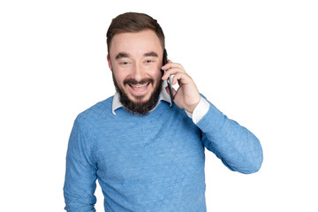Smiling young business man posing isolated on white background in studio. Achievement career wealth business concept. Mock up copy space. Talking on mobile phone, looking aside. High quality photo