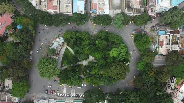 Bangalore, India 14th March 2022:  An aerial shot of Sajjan Rao Circle, VV Puram, Bangalore. Visveswarapura. The capital city of Karnataka drone view. The megacity of India. Cosmopolitan city.