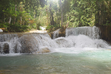 Tat Kuang Si Waterfalls is one of the waterfalls. Located about 32 kilometers from Luang Prabang, Laos, it is known as the most beautiful waterfall of Luang Prabang. Laos PDR 