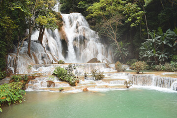 Tat Kuang Si Waterfalls is one of the waterfalls. Located about 32 kilometers from Luang Prabang, Laos, it is known as the most beautiful waterfall of Luang Prabang. Laos PDR 
